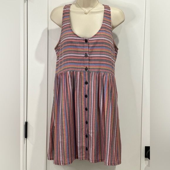 Madewell Rainbow Striped Mini Dress Scoop Neck Babydoll Tank Button Front Medium - Picture 2 of 9